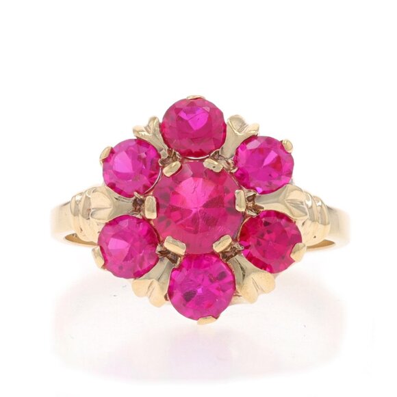 Yellow Gold Lab-Created Ruby Vintage Cluster Cocktail Ring 10k Rd 3.09ctw Flower - Picture 1 of 6